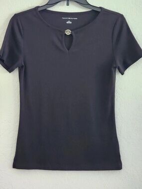 Tommy Hilfiger Black Short-Sleeve Top with Keyhole and Logo Medallion